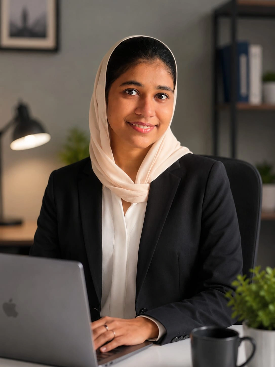 Shafiya digital marketer working on laptop in a professional workspace